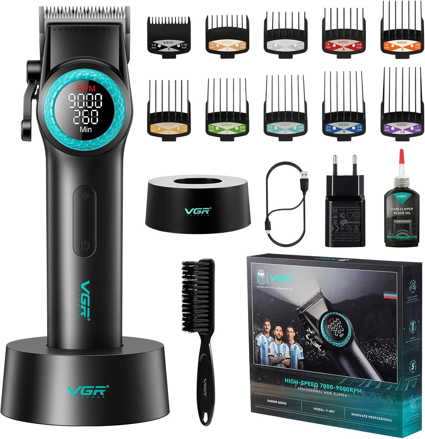 Tondeuse Professionnelle VGR V-001 – Moteur Ultra-Puissant 9000 RPM, Station de Charge & Écran LED