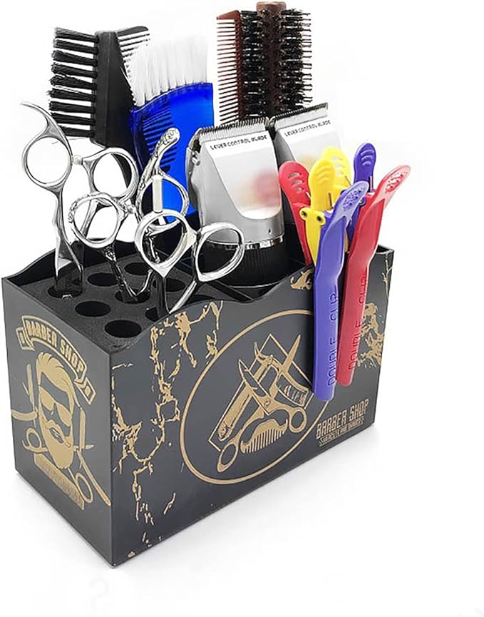 Organisateur Professionnel Salon Coiffure – Marbre Noir, Ciseaux & Peignes