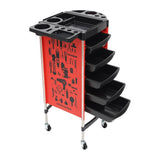 Chariot de Service Rouge : Chariot de Coiffure Professionnel à 5 Tiroirs – Desserte Technique Rouge & Noire avec Support Accessoires