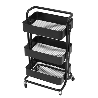 Chariot de Service à 3 Niveaux : Chariot de Rangement Professionnel à 3 Étages – Desserte sur Roulettes pour Salon de Coiffure & Esthétique – Noir Métallisé
