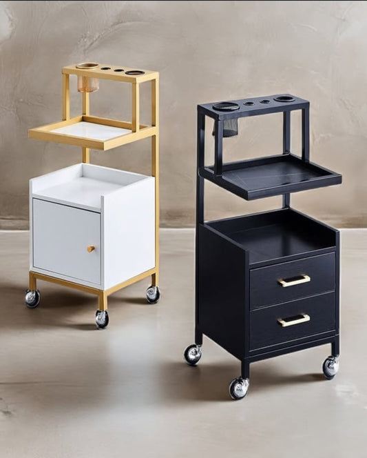 Chariot Cabinet Moderne : Chariot de Salon avec Cabinet de Rangement – Design Minimaliste Blanc & Or ou Noir Mat – Support Accessoires Intégré