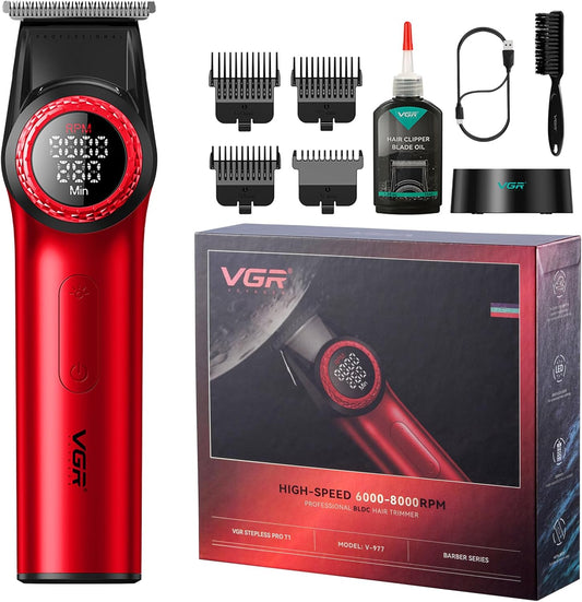 Tondeuse à Cheveux VGR 977 – Professionnelle, 8000 RPM, Lame T-Blade, Sans Fil & Écran LED Rouge