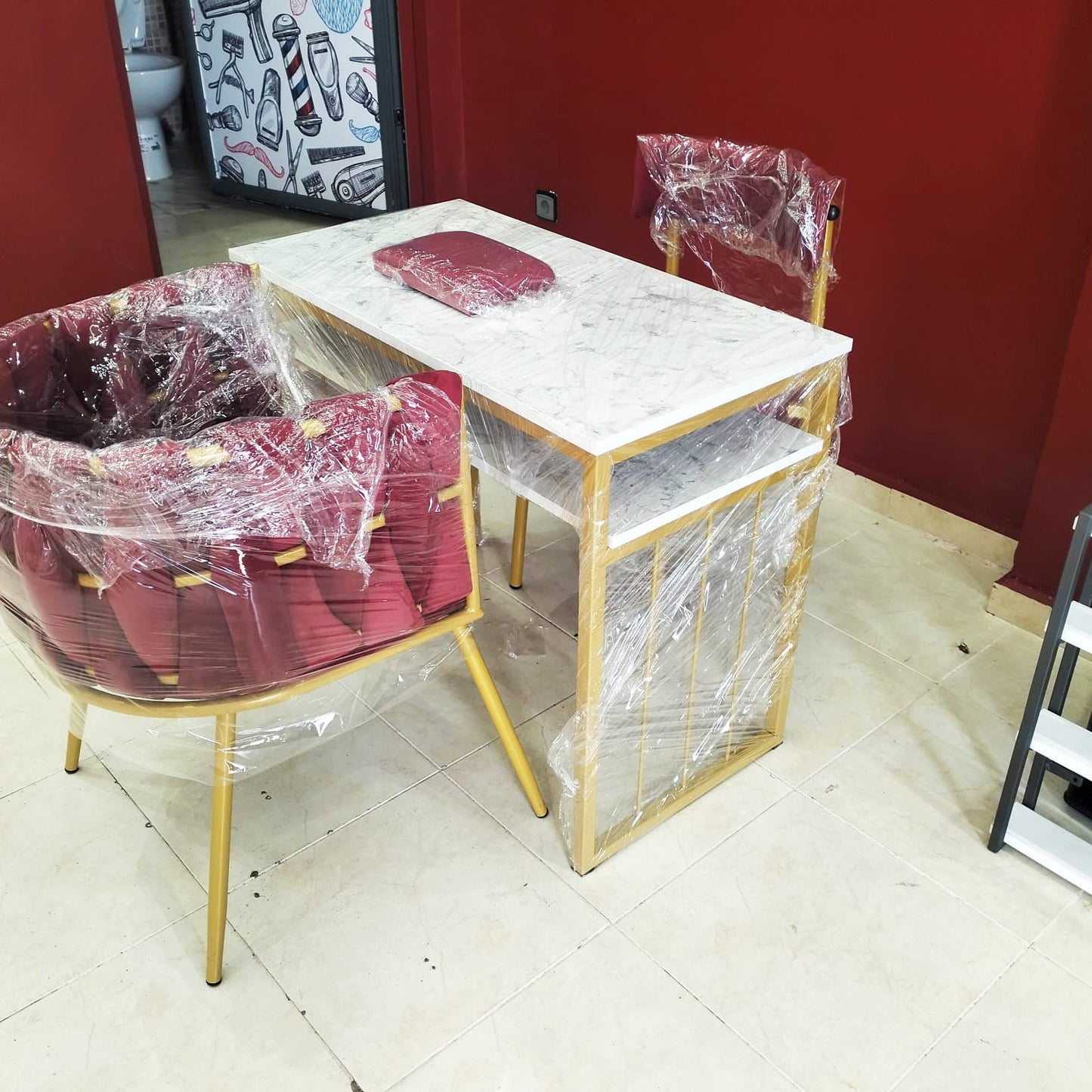 Table de Manucure Design Marbre & Or avec 2 Fauteuils