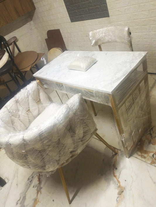 Table de Manucure Design Marbre & Or avec 2 Fauteuils